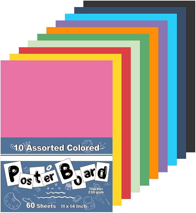 Colored Poster Board,60 Sheets Large Size 11 x 14 Inch Assorted Neon Trifold Poster Board Bulk for Art Display Board,Classroom Use,School Craft Project,Presentation Drawing
