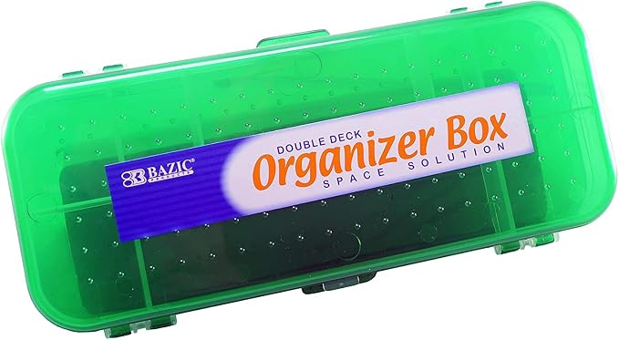 Double Deck Organizer Box, 8.25" x 3.25" x 1.5", 2 Latched Sides - 5 Compartments (4-Pack, Black, Red, Blue, White)