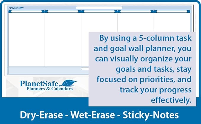 Sky Blue 5-Column Dry-Erasable Task, Goals & Objectives Wall Organizer Planner 36" tall x 75" wide - Horizontal. Complete with Marker and Eraser