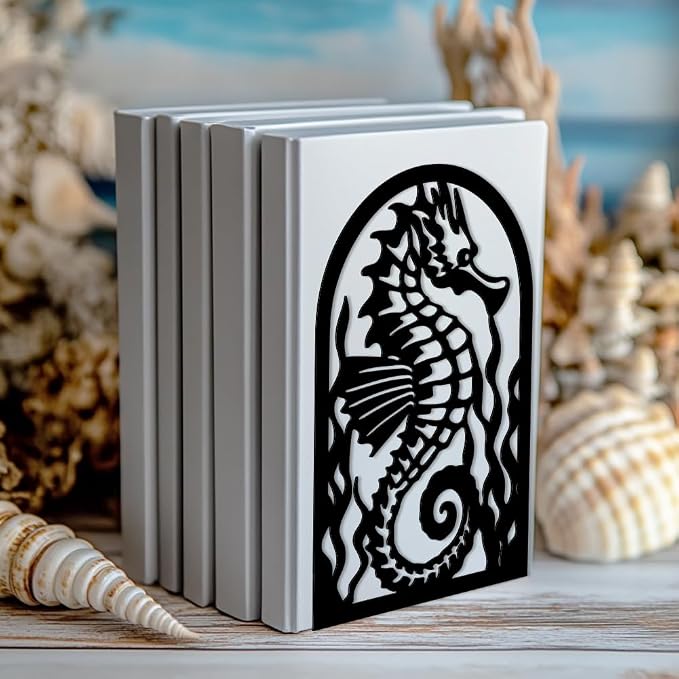 Peacoblue Metal Bookends for Shelves, Modern Decorative Heavy Duty Study Book Support Stoppers for Office, Desk, Shelf, Room 5.3"x4.3"x7.9" Cast Iron Simple Tall Bookends, 1 Pair (Seahorse)
