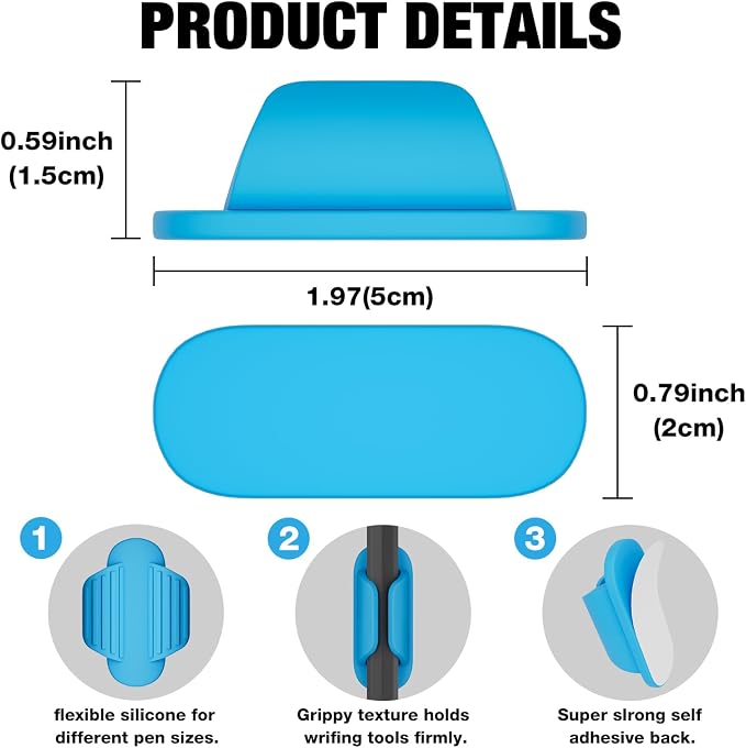 Adhesive Pencil Holders for Desk Silicone Pen Holder Organizer for Desk Accessories,Teacher Supplies for Classroom, Office, School Accessories,Notebook, WallS or Clipboards（10PCS,Blue）