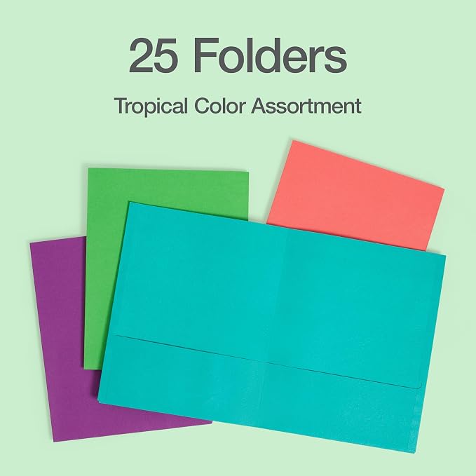 Oxford 2 Pocket Folders, 25 Pack, Assorted Tropical Colors, Made in the USA, Fits 100 Letter Size (8.5" x 11") Sheets, Durable Paper Folders for School, Home, and Office