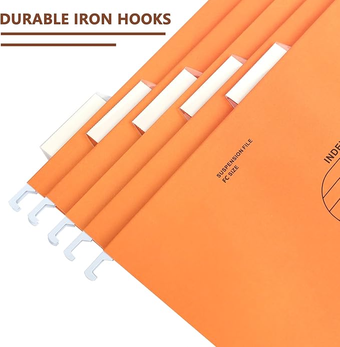 Hanging File Folder, A4 Suspension Files Holder, Hang Folder, Filing Cabinet Suspension File with Tab and Label for School Home Office, Orange, 25 Pack