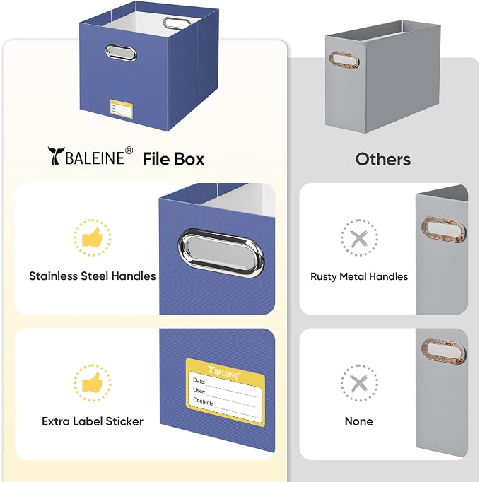 BALEINE File Organizer Box, Cardboard File Folder Organizer with Handle for Letter Size, Portable Collapsible Hanging Filing Box for Home Office Document Storage (8 Pack, Large Navy)