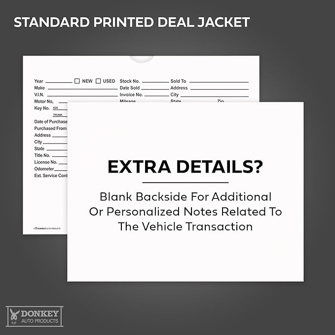 Printed Vehicle Deal Envelopes 9x12 Deal Jackets (100 shrink wrapped) (White)