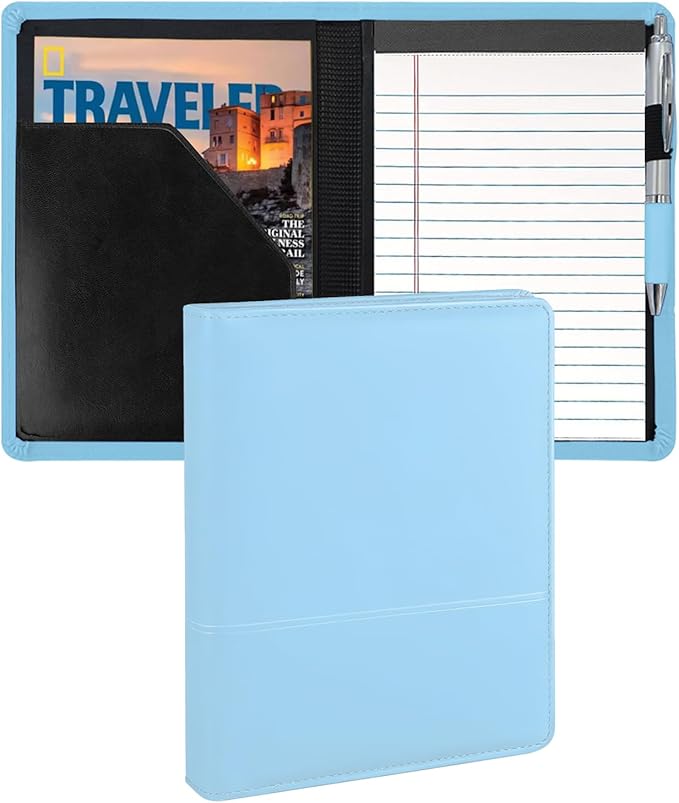 A5 Padfolio Business Portfolio Folder,Junior Size Document Folder Organizer, Padfolio with Interior Pocket and Pen Loop, 5 x 8 Writing Pad Included,Sky Blue