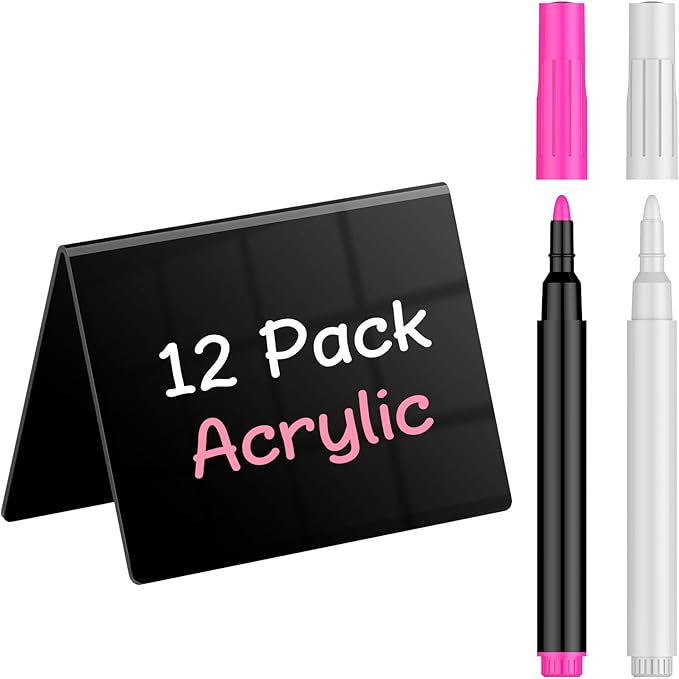 Uniclife 12 Pack Mini Chalkboard Signs for Food, Small Chalkboard Signs with Chalk Markers, Reusable Glossy Acrylic Food Signs Food Labels for Party Buffet Wedding, Blackboard Place Cards Table Signs
