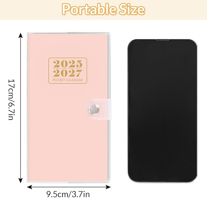 Pocket Calendar 2025-2027, Monthly Purse Planner (6.7" x 3.7") Runs from July 2025 to December 2027, Solid Pink Pocket Calendar with PVC Cover for Planning, Organizing, and Office Use