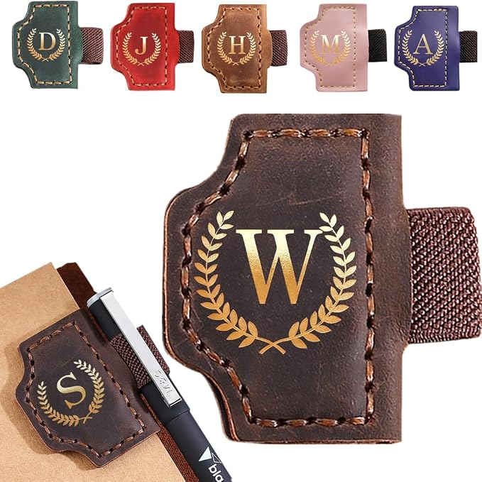 Personalized Mark Bookmark with Pen Holder, Leather Magnetic Book Marker 26 Letters,Custom Initials Page Marks, Gifts for Book Lovers Readers Men Women (Coffee, W)