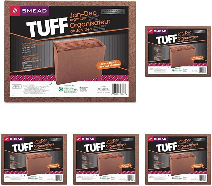 Smead TUFF Expanding File, 12 Pockets, Monthly (Jan.-Dec.), Flap and Cord Closure, Letter Size, Redrope (70388) (Pack of 5)