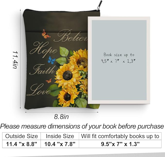 Sunflower Inspirational Book Sleeve, Book Lovers Gifts Sleeve with Zipper & Front Pocket, 11.4x8.8 Inch Canvas Books Cover Protector Bookish Inspirational Gifts for Readers Librarian Women Teacher