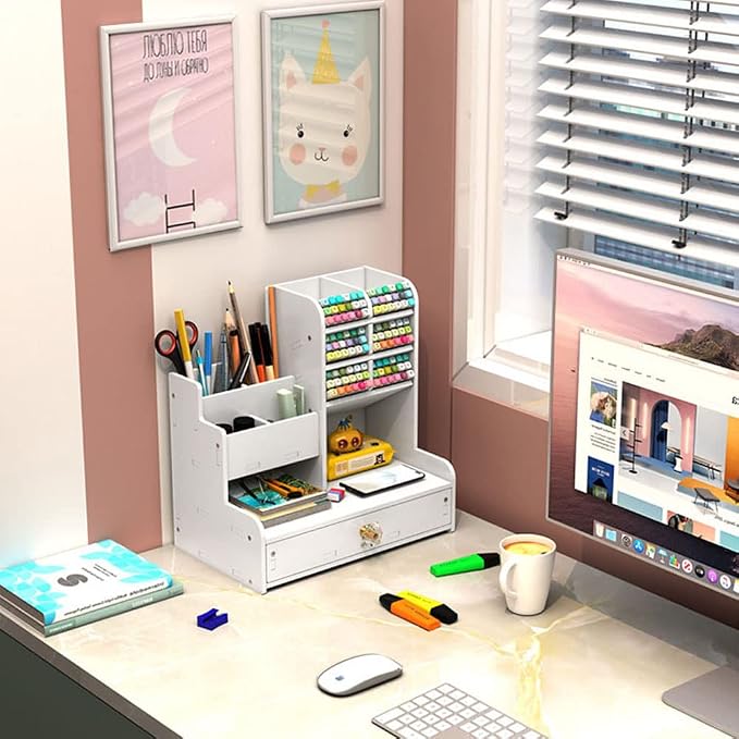 Hggzeg White Pen Organizer with Drawer, DIY Pencil Holder Desk Tidy Caddy Office Stationery Desktop Organiser for Home, Office and School (PB17 White)