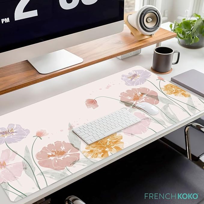 French KOKO Desk Mat, Large Desk Pad Large Mouse Pad Cute Big Desk Pad XXL Extended Gaming Mouse Pad for Desk Rubber Base Mousepad Mat for Work Game Girls (Soft Flowers, 36" x 16.5")