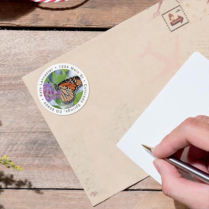 Colorful Images Butterfly Return Address Mailing Labels, Personalize with Name & Addresses, Set of Self Adhesive, Easy Peel Flat Label Sheets (Monarch-Round)