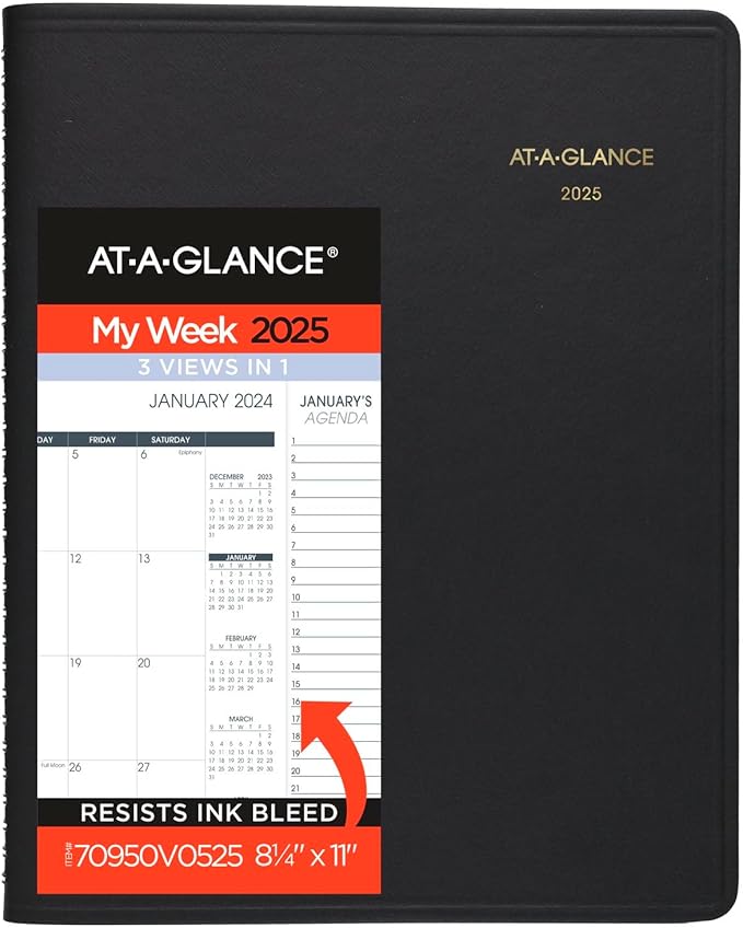 AT-A-GLANCE 2025 Appointment Book Planner, Weekly & Monthly, 8-1/4" x 11", Quarter-Hourly, Triple View, Black (70950V0525)