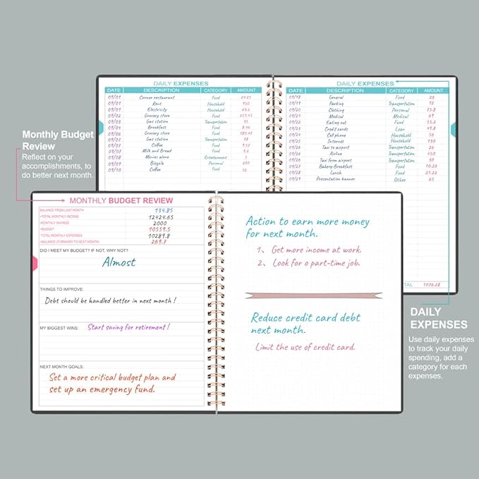 Budget Planner - 8" x 9.5" Monthly Budget Book with Expense Tracker Notebook, 2026 Budgeting Book and Financial Planner to Control Your Money. Large Size, PU Leather, Black