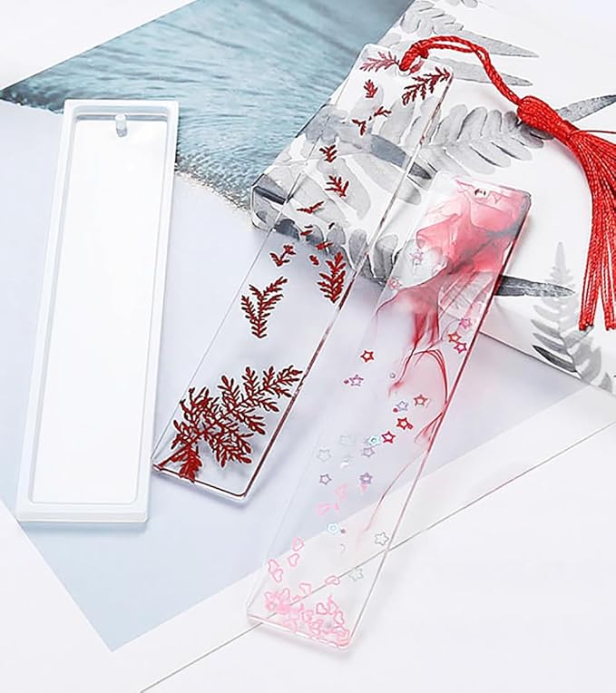 Bookmark Mold with Tassels 4Pcs Rectangle Silicone Jewelry Making Mould with 20Pcs Colorful Silky Tassels for Epoxy Resin Casting Christmas Ornaments Gift Tags Craft DIY (2.5x14cm, Rectangle)