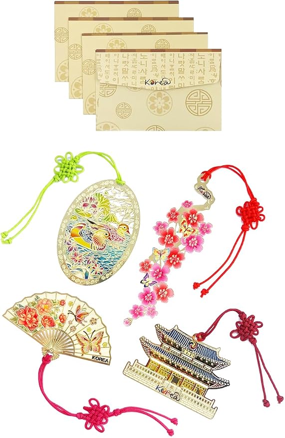4 Pieces Metal Bookmark (Mandarin Duck, Plum Blossom, Gyeongbokgung Palace, Peony Hand Fan) + 4 Envelopes - Korean Traditional Bookmark 책갈피 원앙, 매화꽃, 경복궁, 목단부채