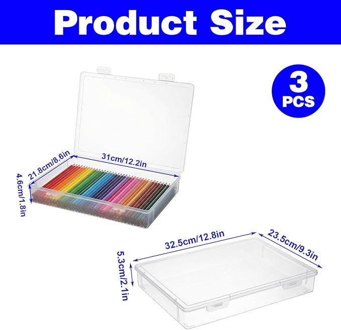 3 Pack Clear Plastic Storage Box with Flap Lid, Multipurpose A4 Size Craft Organizer for Art Supplies, Pencils, Markers, and Document Storage, 12.8 x 9.3 x 2.1 Inches