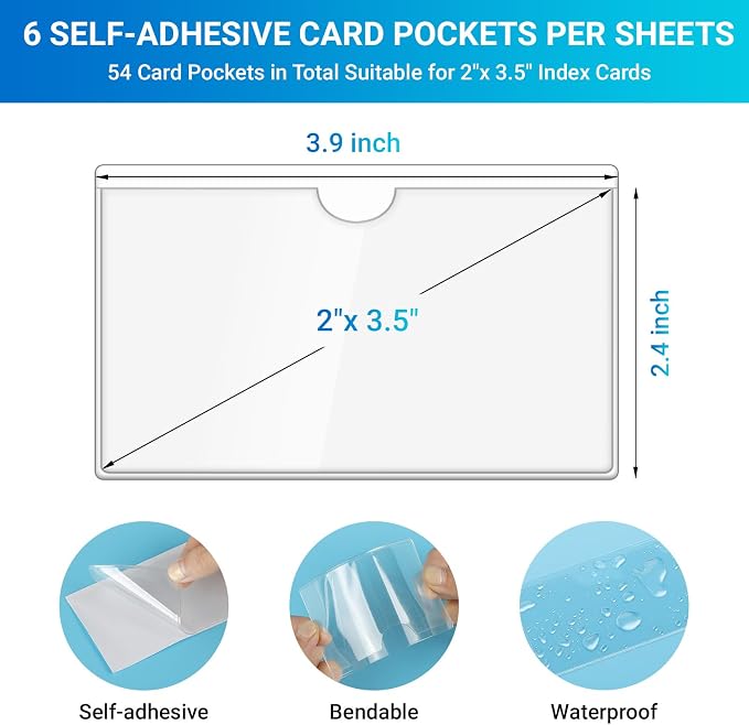 MaxGear 2" x 3.5" Index Card Holder, 54 Pack Labels for Storage Bins, Clear Adhesive Pockets with Top Open Loading, Plastic Label Holders Tote Bag Labels Stickers for Organizing Library Card Shelves