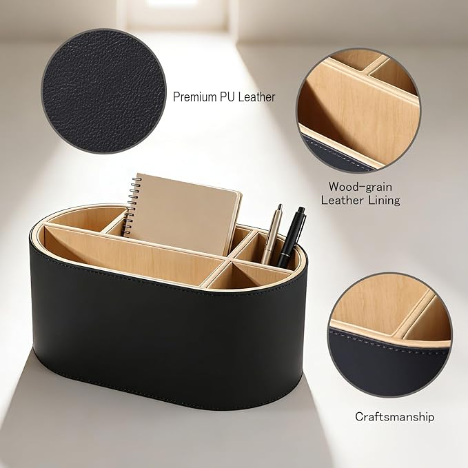 KINGFOM PU Leather Desk Organizer with Multi Compartments, Desktop Caddy Holder for Remote Controls, Pens, Makeup Brushes, Office Accessories (Black)