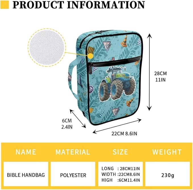 Coldinair Cool Tractor Bible Covers Bag for Kids Teen,Cool Carrying Book Case Church Bag Bible Holder with Handle and Zippered Pocket,Blue