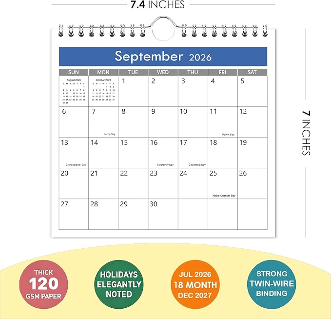 Mini Calendar 2026-2027, 7'' x 7'' Small Calendar Runs from July 2026 unitl December 2027, Little Wall Calendar for Wall, Desk, Bulletin Board or Fridge