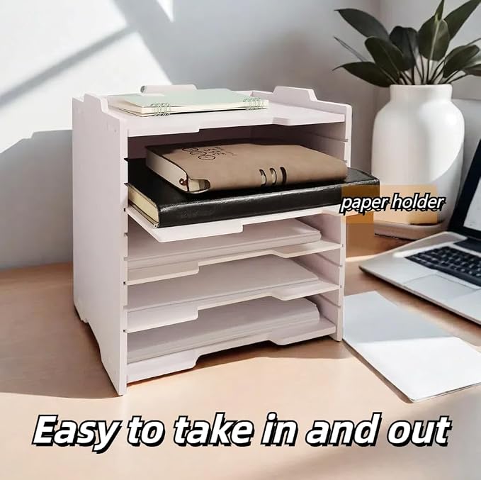 A4 Wooden Desk Letter Tray, Paper Organizer Storage with Adjustable Shelves, Stackable File Sorter for Notes, Pens, File Paper and Desk(Portrait-8tray(with 7 Adjustable Shelves))
