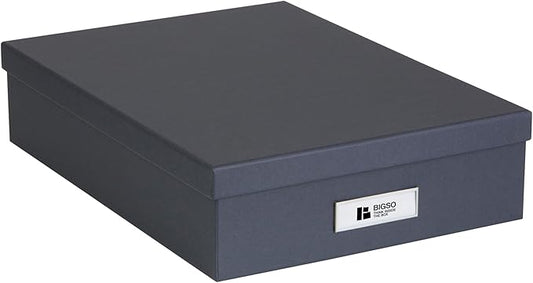 Bigso Oskar Fiberboard Label Frame Document Letter Box - File Organizer Box for Important Paperwork - Document Storage with a Lid & Metal Label Window - 3.3 in x 10.2 in x 13.8 in - Dark Grey