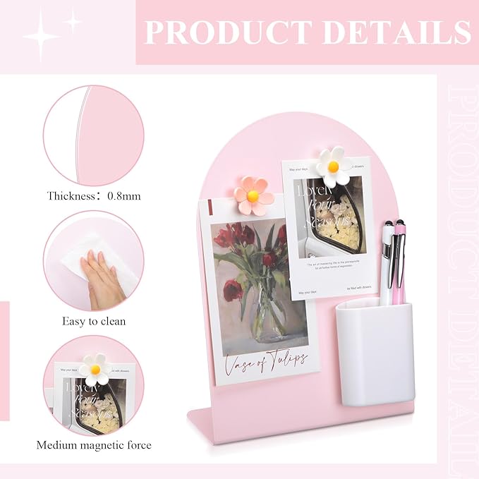 Redbaker 2 Pcs Magnetic Bulletin Board for Tabletops with 8 Flower Magnets 2 Magnetic Pen Holder 2 Pen 10 x 7 Inch Memo Display Easel Stand for Home Office School Kitchen Table Supplies(Pink)