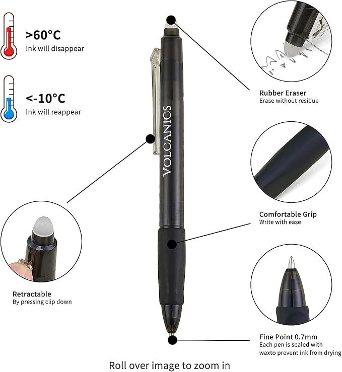 Volcanics Retractable Clicker Erasable Gel Pens - 0.7mm Ball Point, Heat Erase with Built-in Eraser, 36 Pack,Soft Black