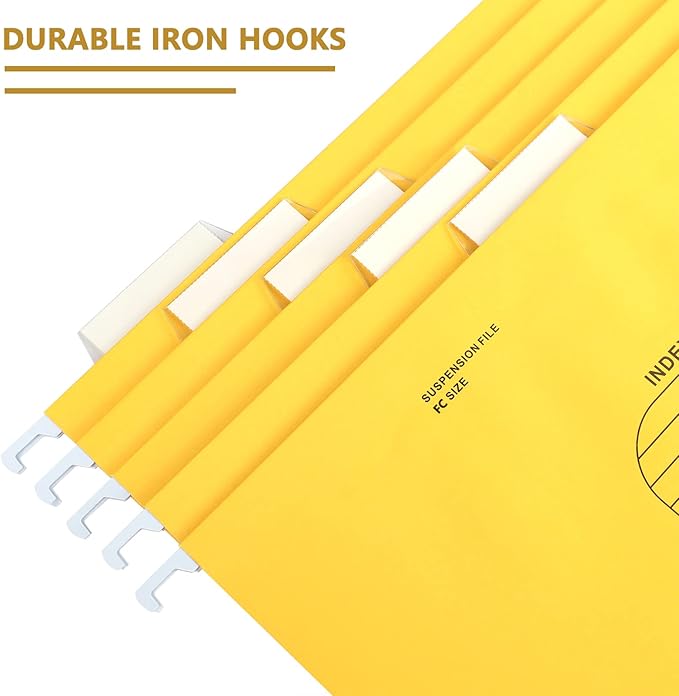 Hanging File Folder, A4 Suspension Files Holder, Hang Folder, Filing Cabinet Suspension File with Tab and Label for School Home Office, Yellow, 25 Pack