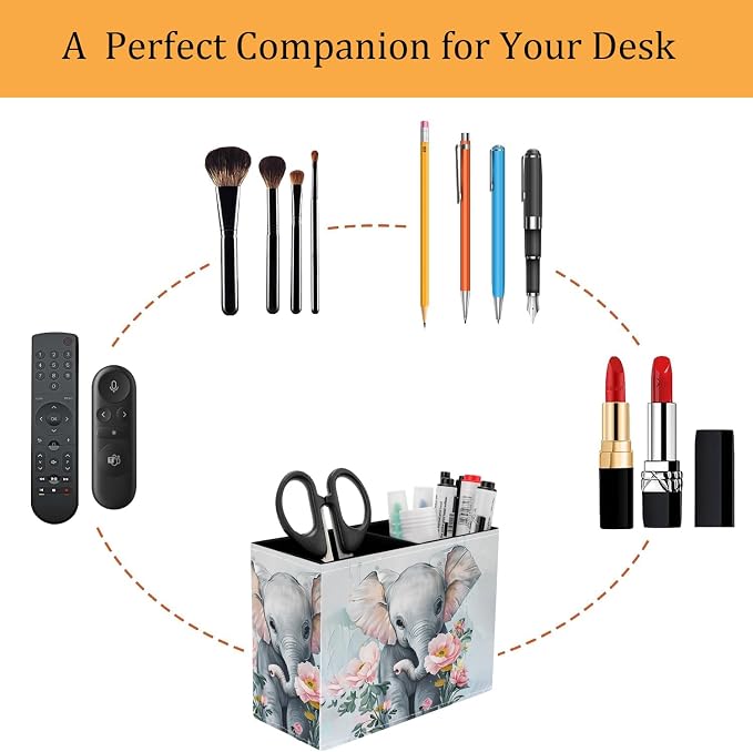 Pen Holder for Desk, PU Leather Multifunctional Desktop Storage Box and Anti-Slip Mouse Pad Set, Makeup Brush Holder Pen Organizer for Office and Home - Little Elephant Flower