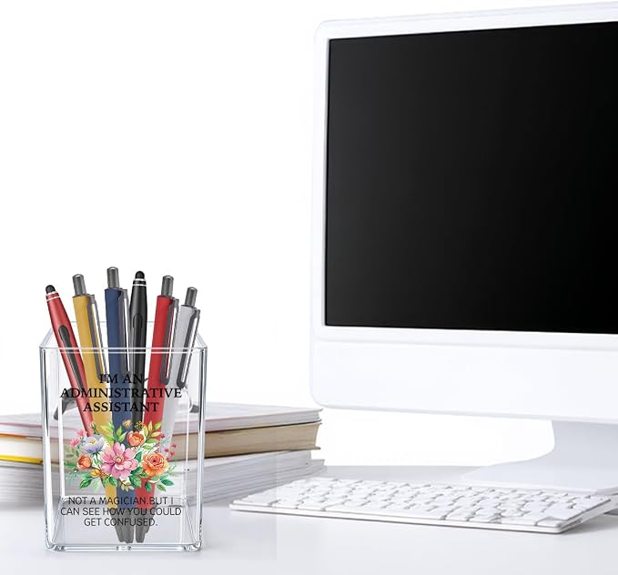 Cute Floral Administrative Assistant Acrylic Cosmetic Pencil Pen Holder Cup Administrative Assistant Day Gifts Decor for Home Office Desk Vanity Organizers and Accessories