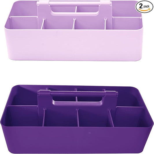 Portable Caddy Organizer -2 Stackable Plastic Caddy with Handle | Desk, Makeup, Dorm Caddy, Classroom Art Organizers (Made In Usa) (Lavender/Royal Purple)