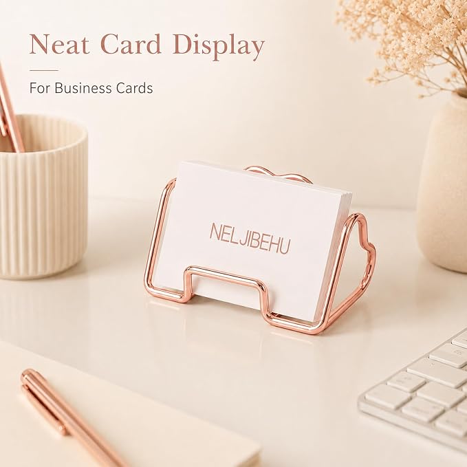 Heart Business Card Holder for Desk, Metal Business Card Stand Organizer, Cute Desktop Display for Name Cards, Photos and Notes, Office Reception Wedding Table Decor (rose gold)