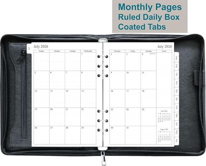 Fan&Ran 2026-2027 Zippered Planner, 6-Ring Portfolio Binder with Weekly Inserts, A5 Size, Black