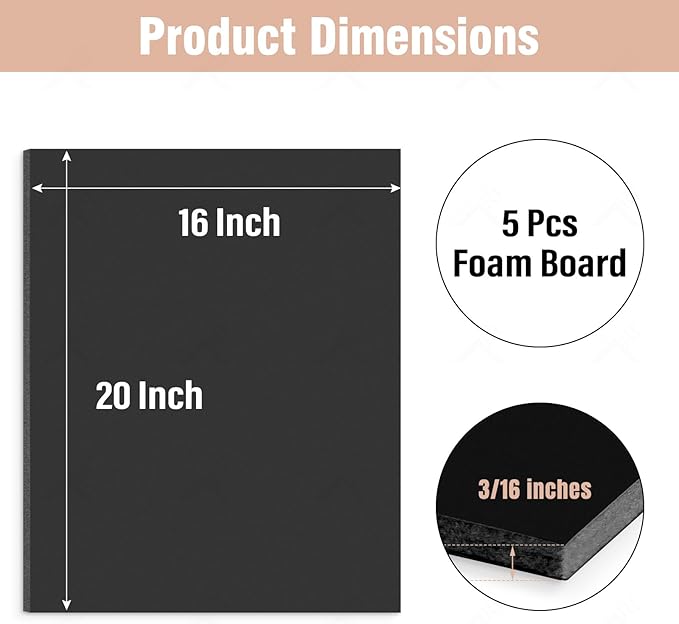 Golden State Art, Acid Free 5 Pack 16x20 Black Foam Boards Foam Core Poster Board, 3/16'' Thick Polystyrene Foam Sheet for Projects, Mounting, Crafts, Art and Presentations