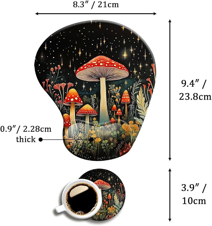 Ergonomic Mouse Pad with Wrist Support,Mouse Pad with Wrist Rest and Coaster Set,Office Supplies Non-Slip Mouse Pads for Desk, Non-Slip Comfortable,Mushroom Star