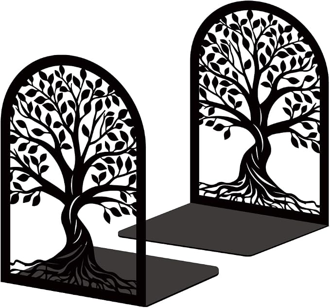 Tree of Life Book Shelf Decorative Bookends for Shelves, Book Ends for Heavy Books, Black Trees Metal Bookends for Desk Organizer, Office Library Decor Decorative Books for Home Decor