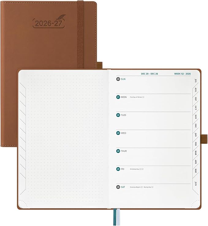 BEZEND Weekly Planner 2026 2027 Dot‑Grid Journal in One (5.5" x 8.5") 12 Month Academic Calendar with Tabs (Jul.26-Jun.27) for Student/School, 100gsm Thick Paper, PU Leather Hardcover - Brown