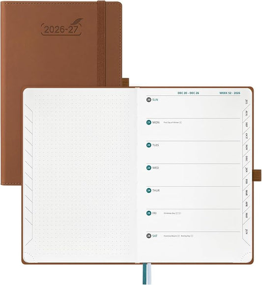 BEZEND Weekly Planner 2026 2027 Dot‑Grid Journal in One (5.5" x 8.5") 12 Month Academic Calendar with Tabs (Jul.26-Jun.27) for Student/School, 100gsm Thick Paper, PU Leather Hardcover - Brown