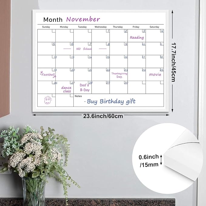 Umtiit Monthly Calendar Dry Erase Whiteboard17.7 x 23.6 inch(45 x 60 cm), White Wood Frame, Magnetic Surface Whiteboard for Planning/Schedule/School Timetable/Memo(WH-4560C,US)