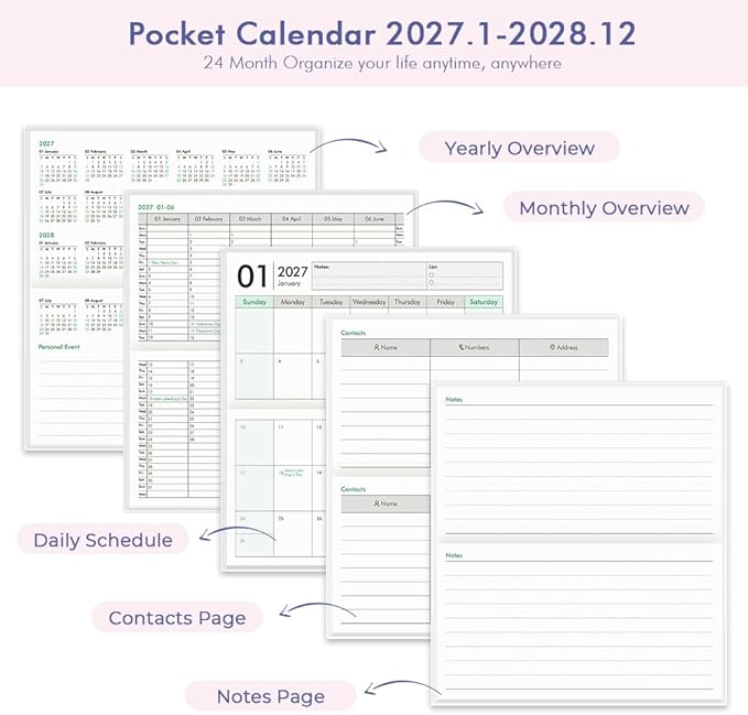 Pocket Calendar 2027-2028 for Purse, Small Pocket Planner 2027-2028 for Purse 3.5×6.5In, 24 Month Organizer from Jan 2027- Dec 2028 Mini Planner with Pvc Cover for Organizing & Planning