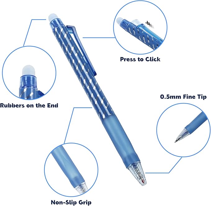 SMOOTHERPRO Erasable Pens Black | 12 Pcs Rub Out Biros | 0.5 mm Fine Point Friction Pen with Rubbers on the End | for Writing Colouring Adult Office Supplies (ERP012BK)