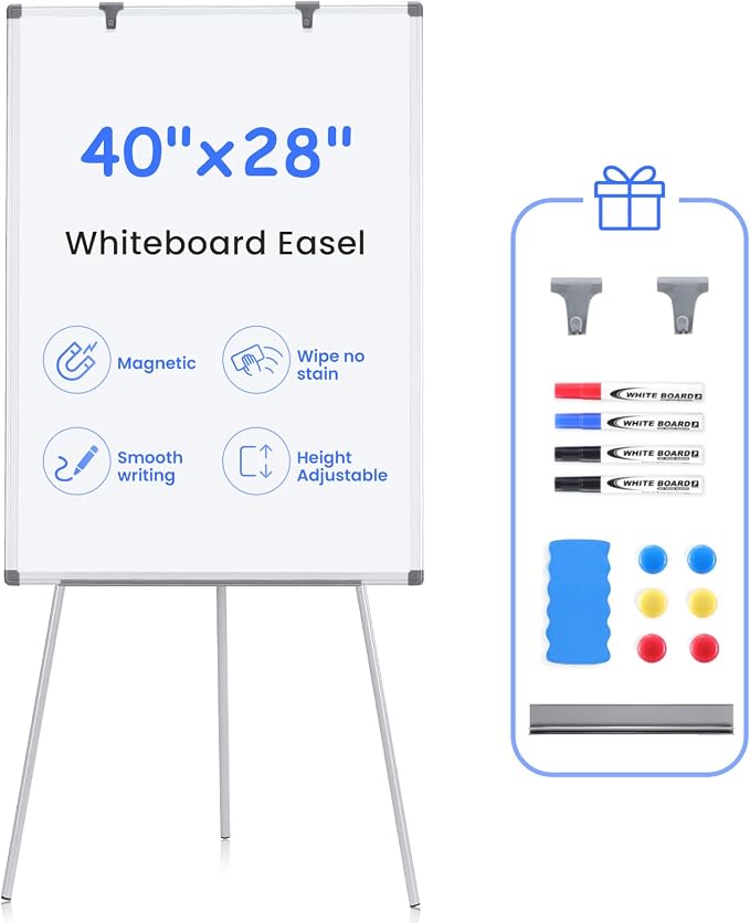 MAKELLO White Board with Stand, Portable Whiteboard Easel 40x28 in for Office Classroom Home School, Adjustable Height, Aluminum Frame