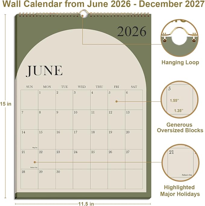 Wall Calendar 2026-2027 - 19 Months Calendar 2026-2027 from June 2026 - December 2027, 2026-27 Wall Hanging Calendar Planner with Thick Paper, 12" x 14.5", Cyan