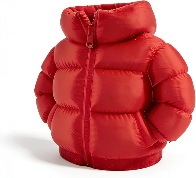 YOKUSHI Down Jacket Pen Holder, 3D Printed Funny Puffer Jacket Pencil Holder, Creative Desk Organizer for Office Supplies, Cute Unique Stationery Holder for Desk, Quirky Gift for Women Men (Red)