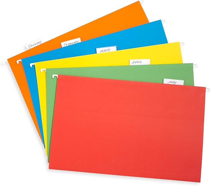 Blue Summit Supplies Legal Size Hanging File Folders, Legal Folders 9.5” × 14.75”, 25 Reinforced Hanging Files in Assorted Colors, for Home and Office Color Coded File Organization, 25 per Box