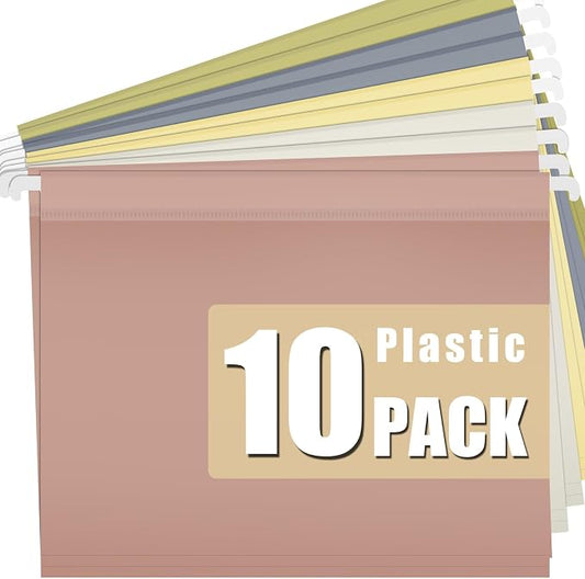 10 Pack Plastic Hanging File Folders, Letter Size (8.5"x11"), Assorted Colors with 1/5-Cut Tabs. Includes 10 Transparent Label Cards & 10 Sticker Labels – Perfect for Office & Filing Cabinets